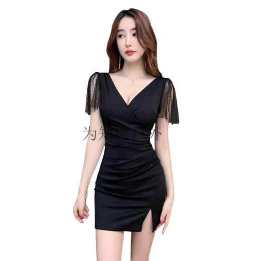 为知树夜总会KTV性感连衣裙女深V礼服SPA足浴按摩技师工作服包臀裙夜场 增3882黑色+ M 建议95-105斤