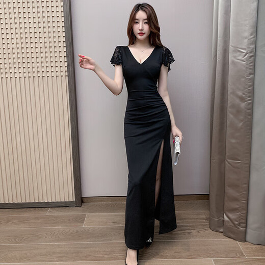MieHONE Temperament Sauna Sexy Dress Long Bath Massage Workwear Slim Slim Evening Dress Foot Massage Technician Clothes 3882 Black XL