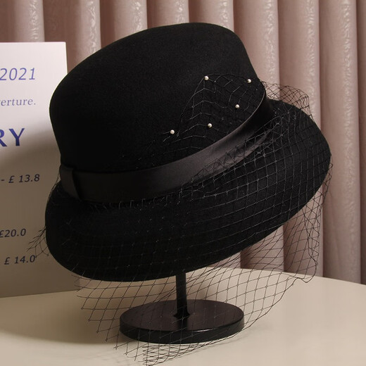 Hanqing Zhongxia Hepburn style elegant mesh wool fisherman hat women's autumn and winter French retro fashion basin hat temperament lady hat black 5 small pearl mesh wool lampshade basin hat m (56-58cm) adjustable