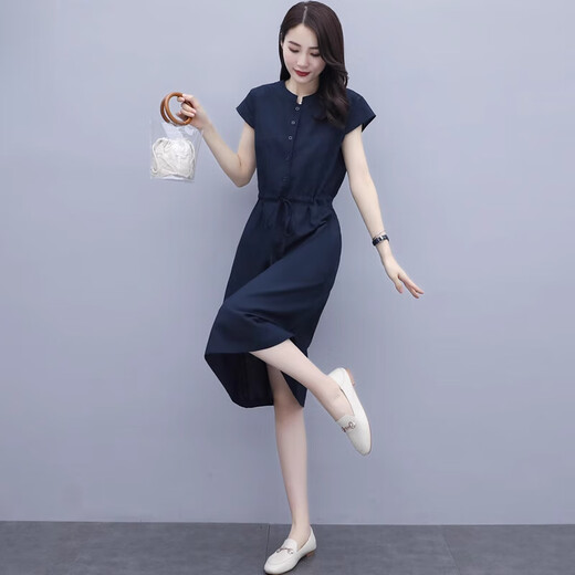 Egeangy International Light Luxury Damen-High-End-Kleid Sommer Neuer Stil 2025 Taille-Close Casual Simple Mamas Temperament Rock Navy [High-End-Geschenkbox] XL