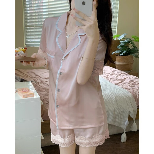 冉艺岚同款冰丝睡衣女夏季短袖薄款ins风高级感粉色花边外穿家居服夏天 #yx-9214 M 75-98斤