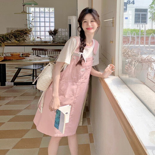 
La Chapelle pink dress strap skirt suit for women 2025 summer new girl age-reducing striped T-shirt two-piece set T-shirt + strap skirt S
