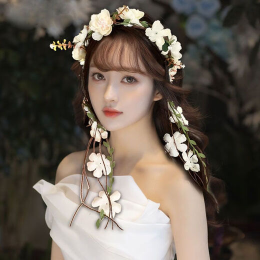 ENRMIIV 2025 new garland headdress Mori girl flower branches and leaves tassel garland headband fashionable forest headband fresh hair accessories Flower Fairy off-white headband one pack