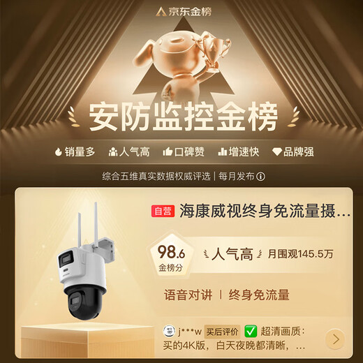 HIKVISION海康威视4G双摄像头终身免流量室外800万360度全景全彩家用监控器AI人车检测无限流量卡防暴雨