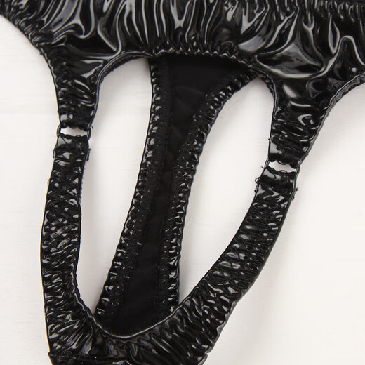 Men's front hollow underwear, sexy bright leather men's thong underwear, iron ring, mid-low waist T-shaped underwear, elastic men's thong underwear, black 1 pair L