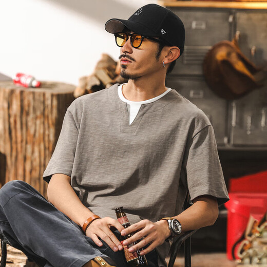 Jiaojing American retro fake two-piece bamboo cotton cool short-sleeved t-shirt for men 2025 summer henley collar polo shirt for men khaki_Weight 230g L_Suitable for 125-145Jin Jin is equal to 0.5 kg