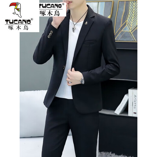 Woodpecker Korean style casual spring and autumn suit men's slim business formal two-piece suit young handsome British suit 1916 white (suit + pants) two-piece set M