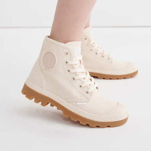 PALLADIUM Pampa HiMcr Fashionable Simple Solid Color Washing Wear-resistant and non-slip High-top Canvas Shoes Men and Women Smoke White/Light Brown 38