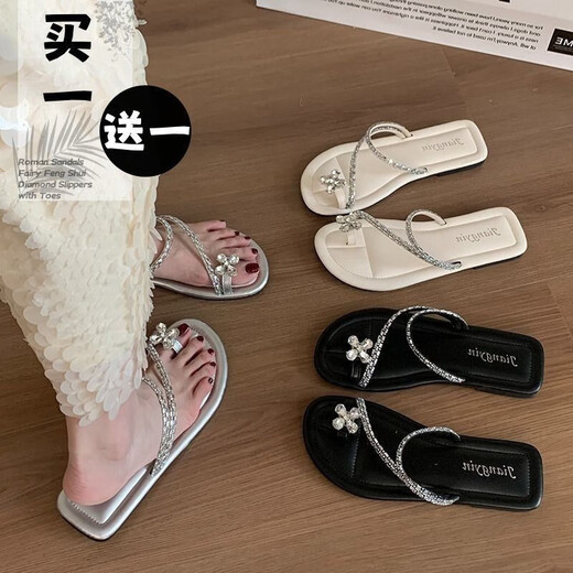 快乐玛丽（J&M）夹脚拖鞋女夏季韩版法式套趾时尚海边配裙子水钻凉拖 温州惠东真皮凉鞋女-白色 6626c 40 凉拖鞋女2025新款