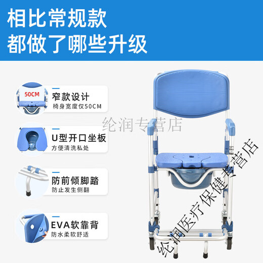 El inodoro móvil del hogar de ancianos se puede plegar y silla de inodoro con silla de cuidado de discapacitados con ruedas sillón de baño de baño 699c aleación de aluminio un botón plegable model cojín model de 55 cm de freno de cuatro ruedas