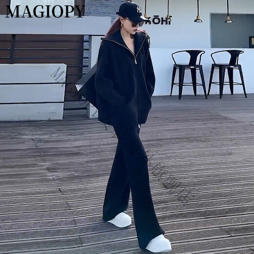 MAGIOPY国际奢侈高档品牌极简风黑色休闲运动套装女2025春季宽松显瘦韩版 黑色两件套 S(100斤以内)