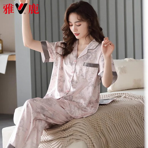 Yalu high-end 2025 pajamas for women in summer satin short-sleeved trousers new summer silk summer middle-aged mother home clothes 6626 L (weight 100-120 Jin [Jin equals 0.5 kg])