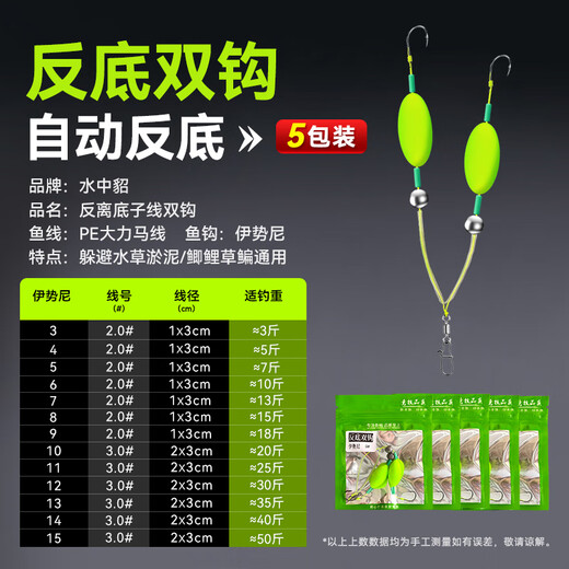 In-water mink finished anti-bottom fishing suspended sub-line double hook set European carp hook anti-off-bottom fishing set tied with big Iseni fish hooks value pack 5 sets anti-bottom line double hook Iseni barbed No. 8 hook