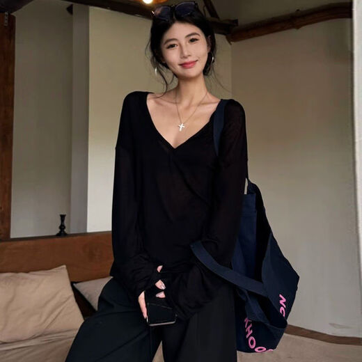 昙蓓漫防晒罩衫夏季女士纯欲风v领上衣辣妹海边微透抹胸可外穿运动外搭 防晒V领罩衫【黑色】纯欲风 M 轻薄 透气 宽松 (建议86-100斤)