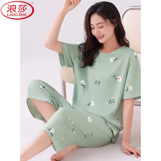 浪莎（LangSha）睡衣女夏季2025年新款短袖七分裤套装夏天女士中年妈妈宽松家居服 短袖七分裤-679 M 建议80-100斤