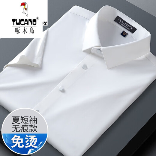 啄木鸟（TUCANO） 白衬衫男短袖免烫弹力商务正装工作服夏季纯白色半袖衬 6187D 38