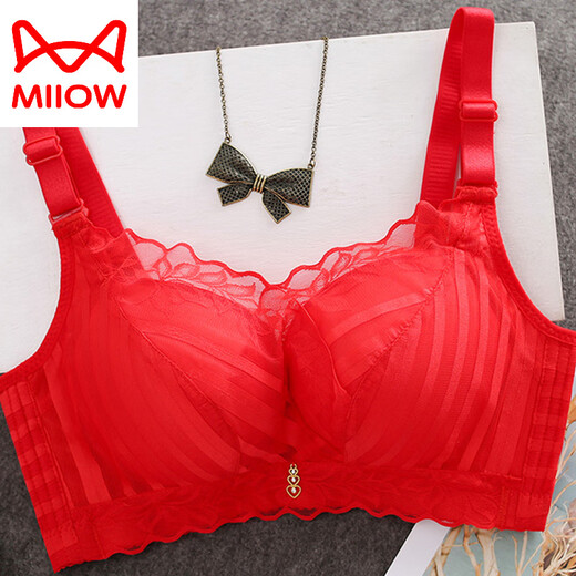 猫人（MiiOW）无钢圈文胸聚拢调整型内衣女加厚小胸集中薄款收副乳蕾丝性感胸罩 大红色【套装】 礡款 70A 32B通用杯