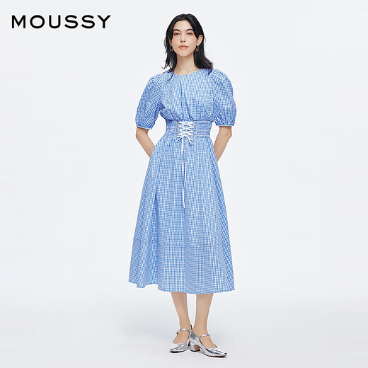 moussy 2025新品田园风泡泡袖绑带收腰连衣裙女028ISA33-4081 115花纹蓝色 S