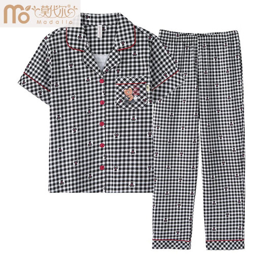 
Modal summer pure cotton pajamas for women short-sleeved long trousers thin 2025 new plaid cotton summer mother home clothes A9923 3XL Recommended 150-170Jin [Jin equals 0.5 kg]