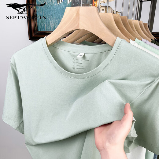 七匹狼夏季精梳纯色信息T恤短袖工作服聚会文化衫圆领夏季正肩冰丝 2267-XM15619军绿 XL