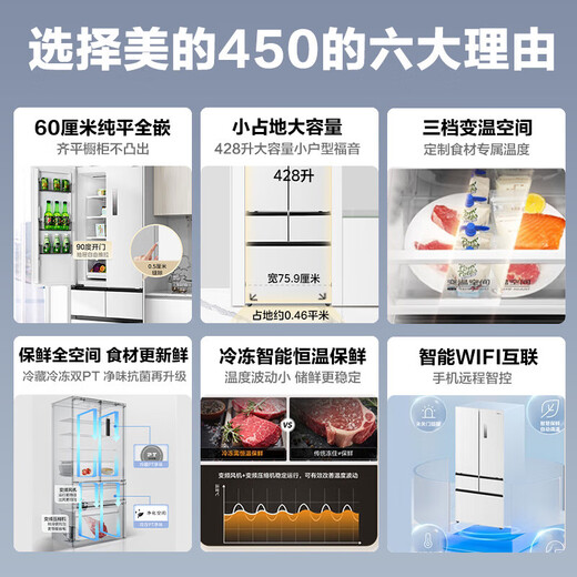 Midea 428L French five-door multi-door ultra-thin zero-embedded flat-screen fully embedded household refrigerator first-class energy efficiency frost-free frequency conversion three-speed variable temperature intelligent WIFI interconnection MR-450WUFPZE