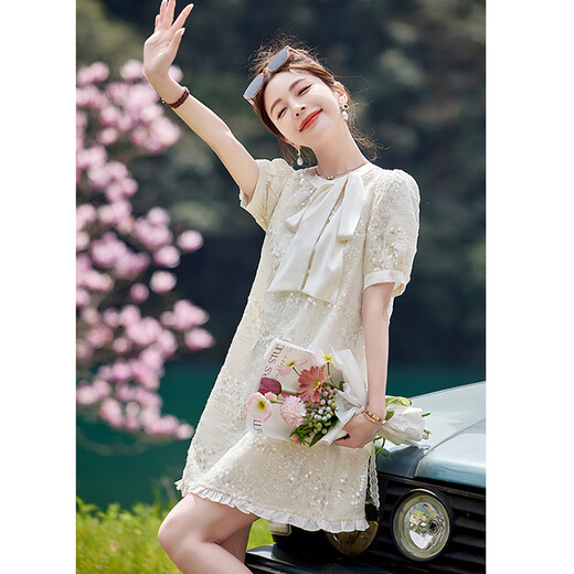 
OLJ light luxury brand dress for women 2025 summer new French small fragrance style sequin high-end slim skirt off white L