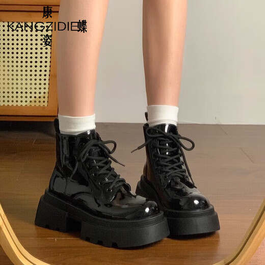 康姿蝶黑色马丁靴女2025秋季新款英伦风厚底增高复古百搭显瘦短靴子女 黑色亮光 37