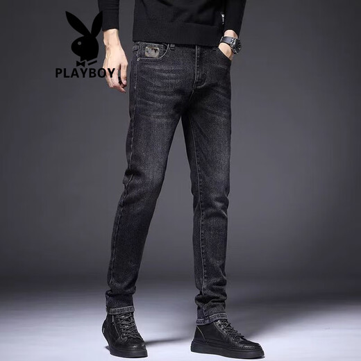 
Playboy (PLAYBOY) Hong Kong high-end black and gray jeans men's slim feet trendy brand 2025 summer new elastic casual pants men 1048 black 28