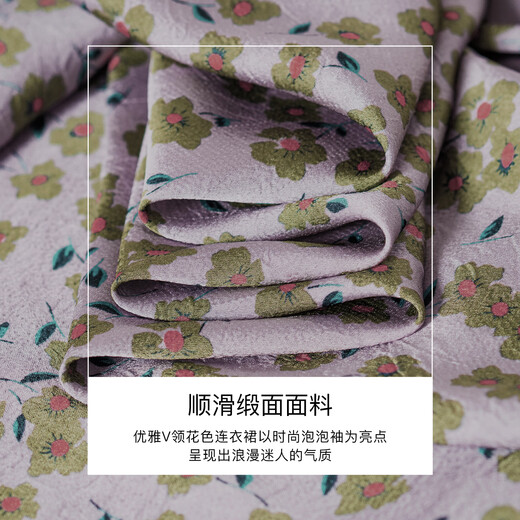ROEYSHOUSE罗衣优雅V领花色连衣裙女2025夏季新款时尚泡泡袖收腰中长裙12138 花色 S