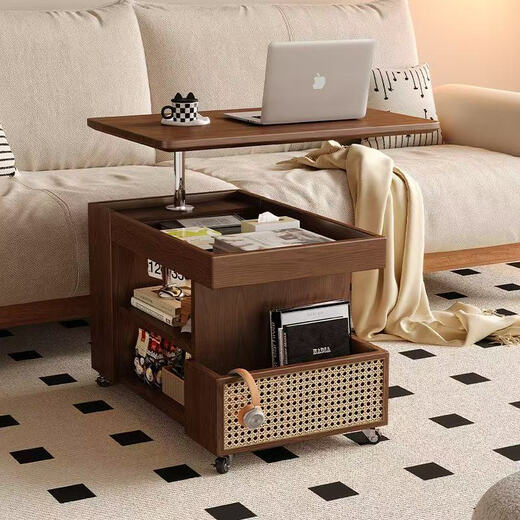 
Bailuyuan retro solid wood new style lifting and wheeled coffee table living room balcony light luxury cart sofa side cabinet SN3271 original wood color lifting [no induction light single side rattan]-