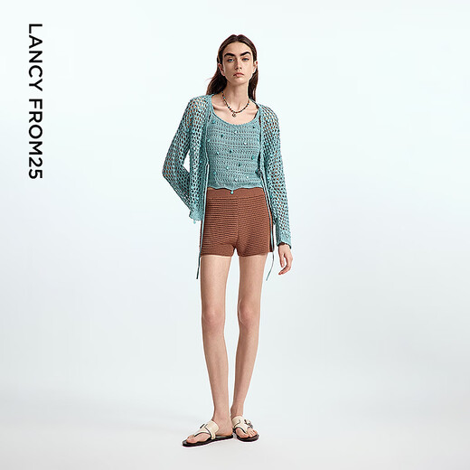 Langzi Yang series hollow cardigan temperament wool sweater summer new blouse top fog blue L