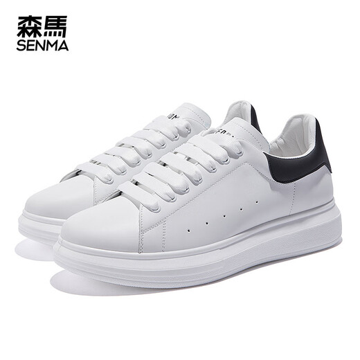 森馬（Senma）板鞋小白鞋男2025新款皮面纯色厚底休闲潮流透气男鞋百搭松糕 9227白黑色 35