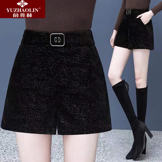 Yu Zhaolin (YUZHAOLIN) chenille high-waisted shorts for women, autumn and winter, a-line, thickened outer wear, fashionable, loose, slimming, wide-leg casual j-boot pants, black, plus velvet, L 105-115Jin Jin equals 0.5 kg