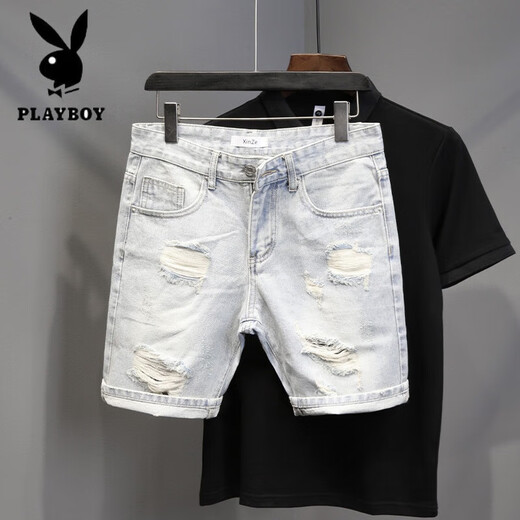 PLAYBOY (PLAYBOY) NUEVO Summer Old Light White Whisker rasgó pantalones de cuatro y cinco puntos para hombres Shorts versátiles versátiles (T693) Azul 31 (recomendado 120-130Jin [Jin equivale a 0.5 kg])