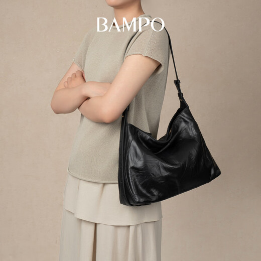 半坡饰族（bampo）头层牛皮HOBO包包专柜新款通勤大容量轻奢单肩托特包520礼物 纯黑930S