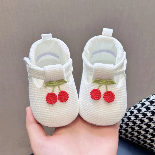 Midur newborn baby shoes that won't fall off at the age of one month, autumn baby girl's baby shoes, pure cotton soft sole toddler princess shoes, white (T-shaped soft shoes-green branch cherry) 12 M, inner length 12cm, recommended for 6-12 months
