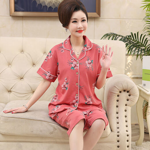 雅鹿中老年爸爸妈妈情侣纯棉睡衣男女夏季短袖七分裤夏天开衫家居服 单女N9871 M 单女[建议80-95斤]