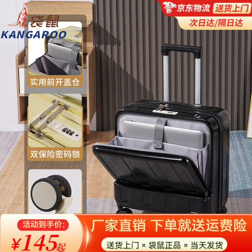Kangaroo Luggage Small Front Opening Trolley Case Multifunctional USB Hook Travel Bag Free Check-in Mini Carry-on Case Classic Black (USB Interface + Side Opening + Hook) 18 Inch (Carry-on Case)