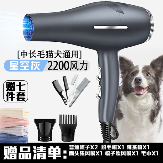 Pet hair dryer for dogs, high-power blue light, universal mite removal for cats and dogs, pet shop high-wind blower, starry sky gray-2200 wind power, universal type for medium and long hair
