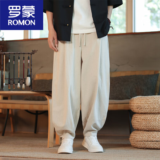 Romon Leinen Casualhose Herrenhosen Chinesische Marke Cotton Leinen Bloomer Fett lose Hosen Weitbein Hosen Khaki + Gray M.