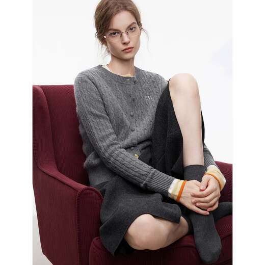 
ELLE gray grey round neck crimp knit cardigan for women 2025 autumn new wool casual sweater medium gray S