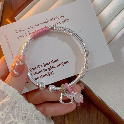 Peso Bird Old Phoenix 999 sterling silver pure silver flowery bracelet bracelet safety lock bracelet young gift for girlfriend's birth flowery silver beads push and pull + safety lock 30g