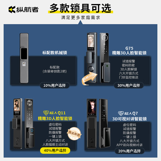 纵航者防盗门入户门铸铝门精雕进户门加厚安全门隔音子母门 2250*1050【精雕3mm铸铝】 【超人Q11】3D人脸对讲智能锁