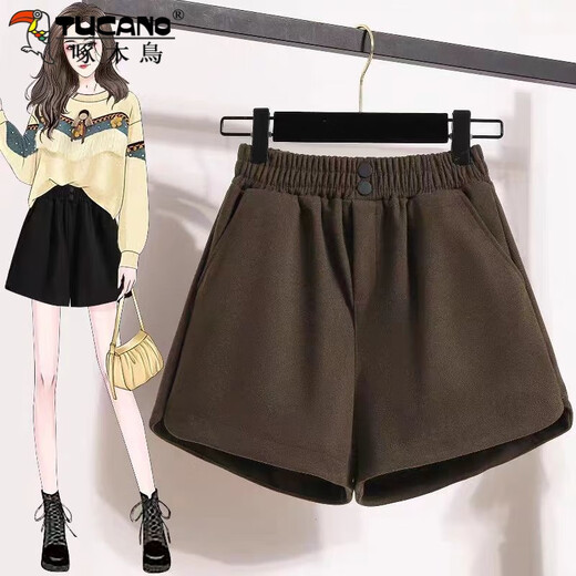 Woodpecker Small Woolen Shorts Women's Autumn and Winter Plus Size Outerwear High Waist A-Line Boot Pants Brown Slim Casual Pants Black XL Recommended 115-130 Jin Jin equals 0.5 kg