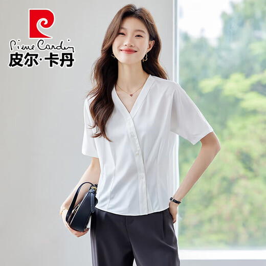 皮尔卡丹（pierre cardin）泡泡袖撞色职业衬衫女2025夏季新款纯色简约短袖衬衣女士休闲上衣 9903白色衬衫 S