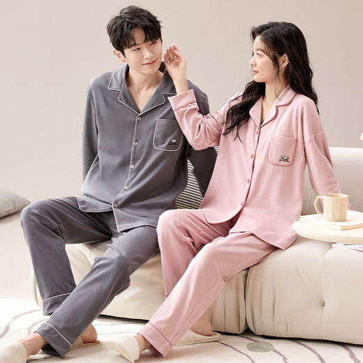 Couple pajamas autumn and winter pure cotton long-sleeved women's Korean style casual cardigan solid color men's home wear set QH-8924 male XL size
