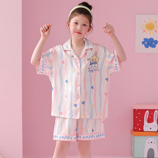 Shiru Meng Spring and Summer Abel Girls Summer Suite à la maison Ice and Snow Silk Cartoon Cardigan Pyjamas Children's Short Sleeve 6629 # (Rainbow Pony) 135 Enfants 14 125-135cm 50-60Jin [Jin est égal à 0,5 kg]