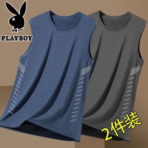 花花公子（PLAYBOY）冰丝背心男夏季潮流圆领网眼透气速干运动坎肩凉感吸汗无袖上衣 黑色+深灰/ 二件装收藏加购优先 XL (115-125斤)