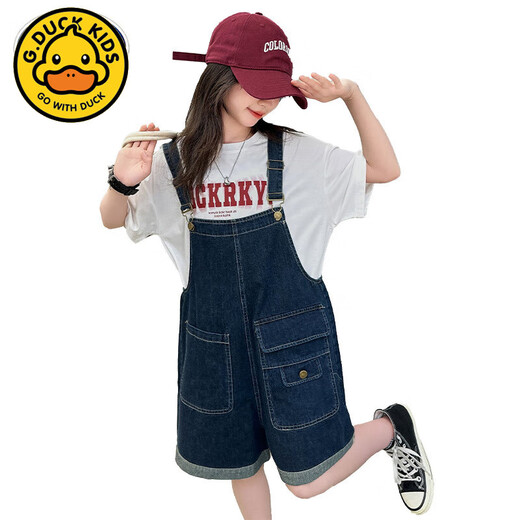 
G.DUCKKIDS girls overalls summer suit 2025 new fashionable and fashionable children's short-sleeved medium-large children's summer denim shorts white short-sleeved + denim shorts two-piece set 170 cm