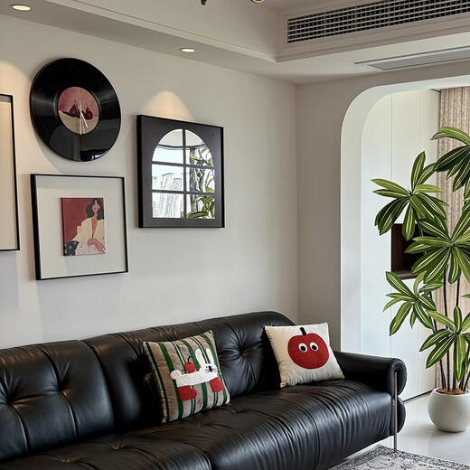 Jianzao 3D three-dimensional living room sofa background wall decoration painting 2025 new high-end restaurant antique style wall painting Type A - combination painting medium set 60cm*1+40cm*2+50cm*1 black aluminum alloy frame three-dimensional wood block + crystal porcelain clock + concave and convex oil painting + mirror painting